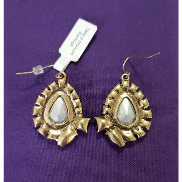 Teardrop Dangle Rhinestone Earrings Smokey Clear Lace Like Design Brass Tone New - Picture 5 of 7